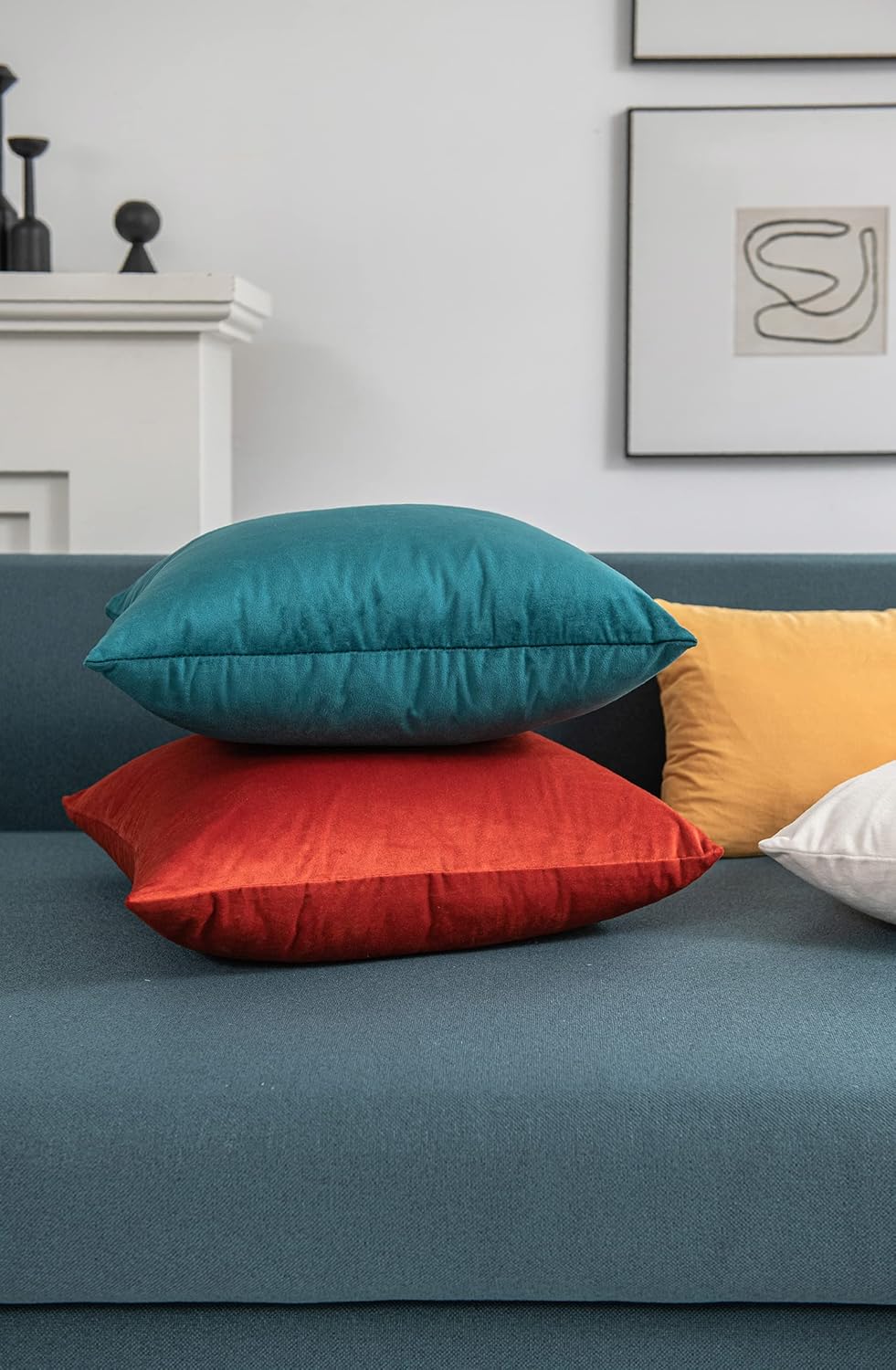 DEZENE Throw Pillow Covers 18x18 Teal: Pack of 2 Cozy Soft Velvet Square Modern Luxury Decorative Throw Pillow Cases for Sofa Couch Living Room Bed Home Decor