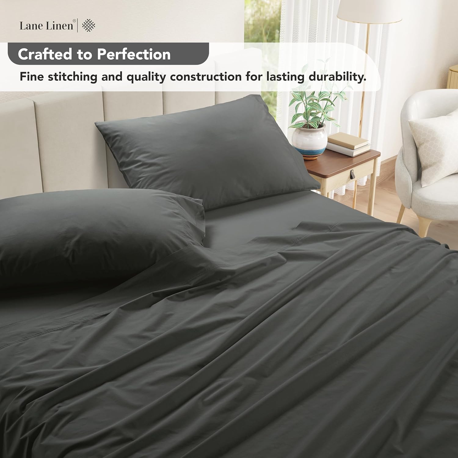 LANE LINEN Twin Sheets Set – Long-Staple 100% Cotton Pre-Washed Twin Sheets, Naturally Cool & Soft Percale Weave for All-Season Comfort for Dorm use, Machine Washable,15” Deep Pocket – Charcoal