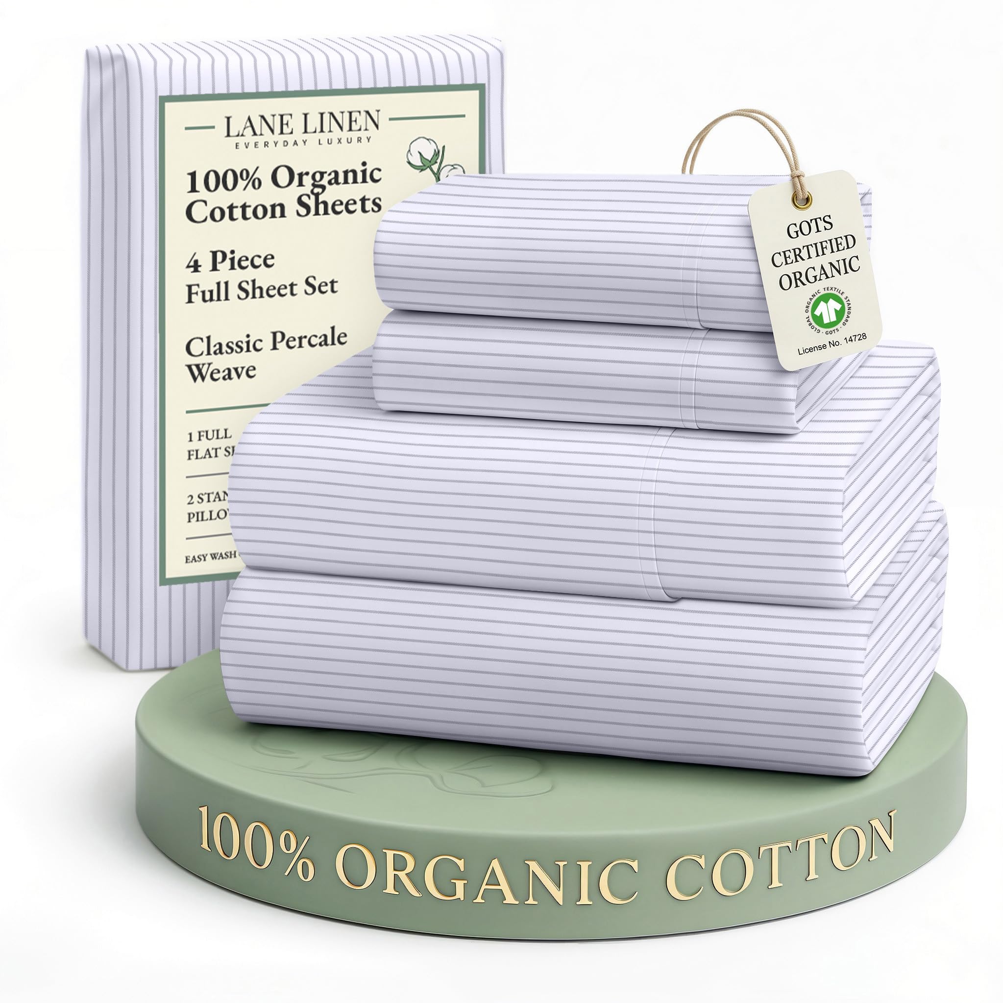 LANE LINEN 100% Organic Cotton Sheets Queen Size Bed Set, Machine Wash Eco Friendly Sustainably Produced Cotton Queen Sheet Set, Soft & Comfy Long Stabple Naturally Cooling Sheets– Mineral