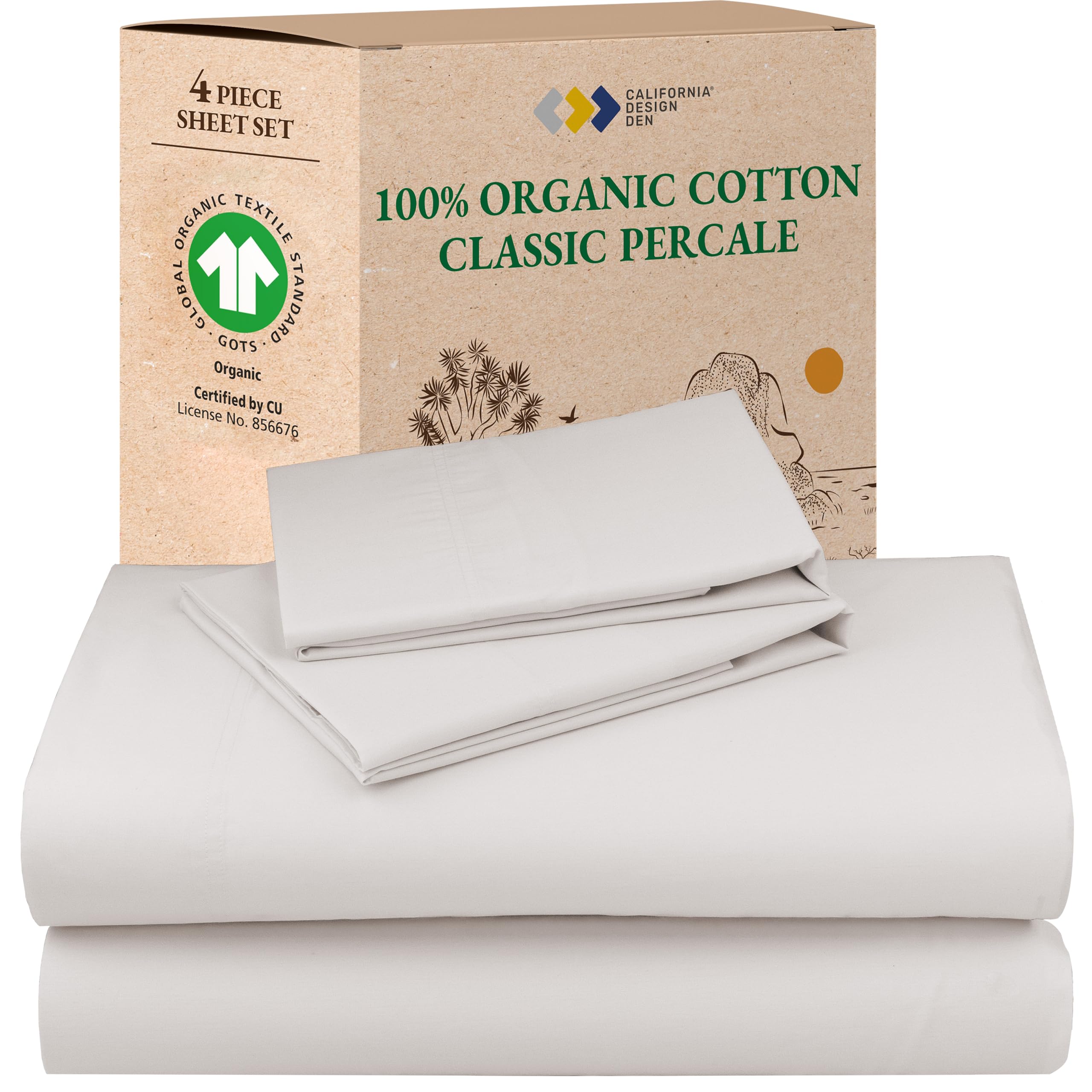 California Design Den Queen Sheet Set - Soft 100% Organic Cotton Sheets with Deep Pockets, Crisp Percale, Breathable and Durable Bedding Set - White