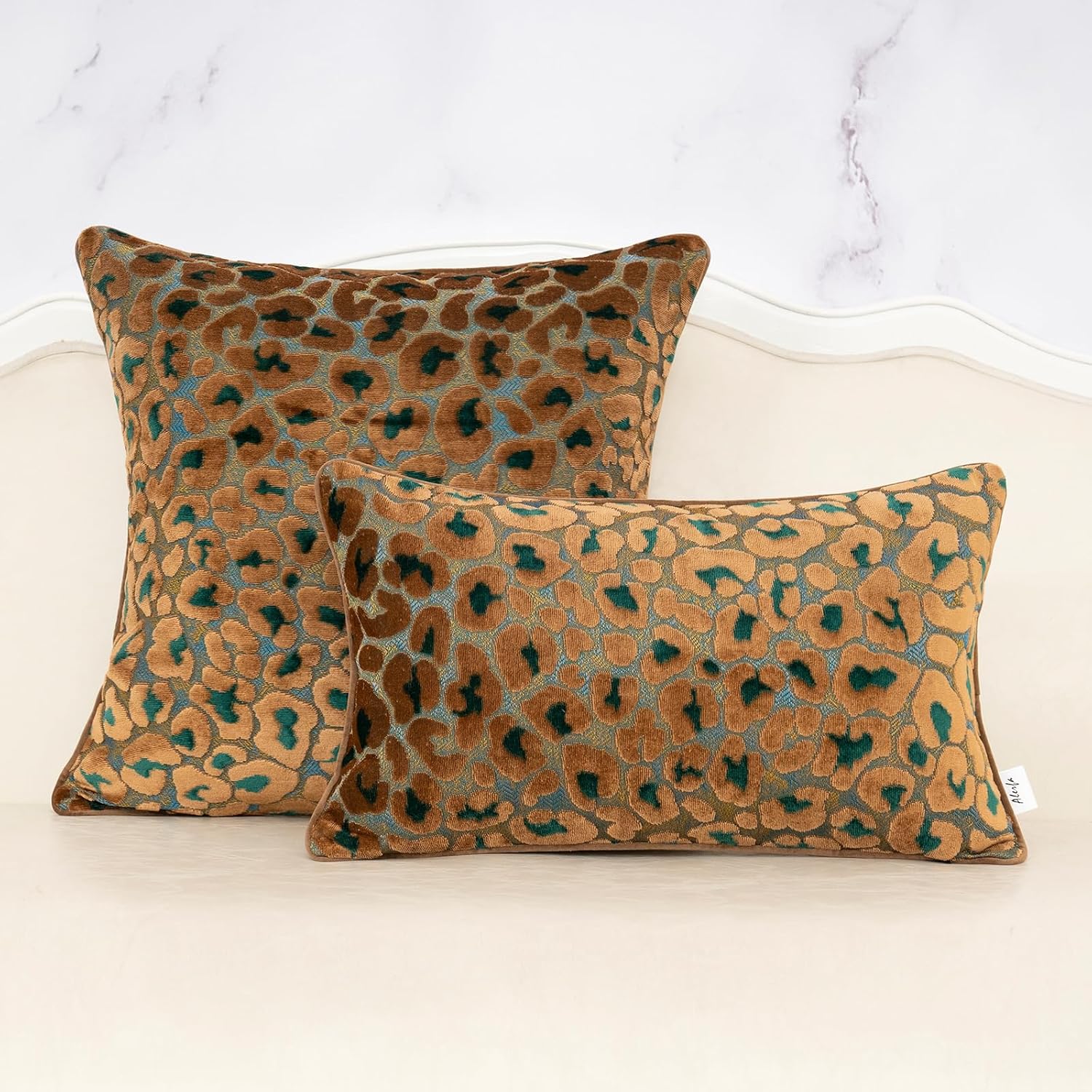 Alerfa Green Brown Floral Throw Pillow Cover 20 x 20 Inch Cut Velvet Sqaure Luxury Decorative Pillow Cover for Couch Living Room Bedroom