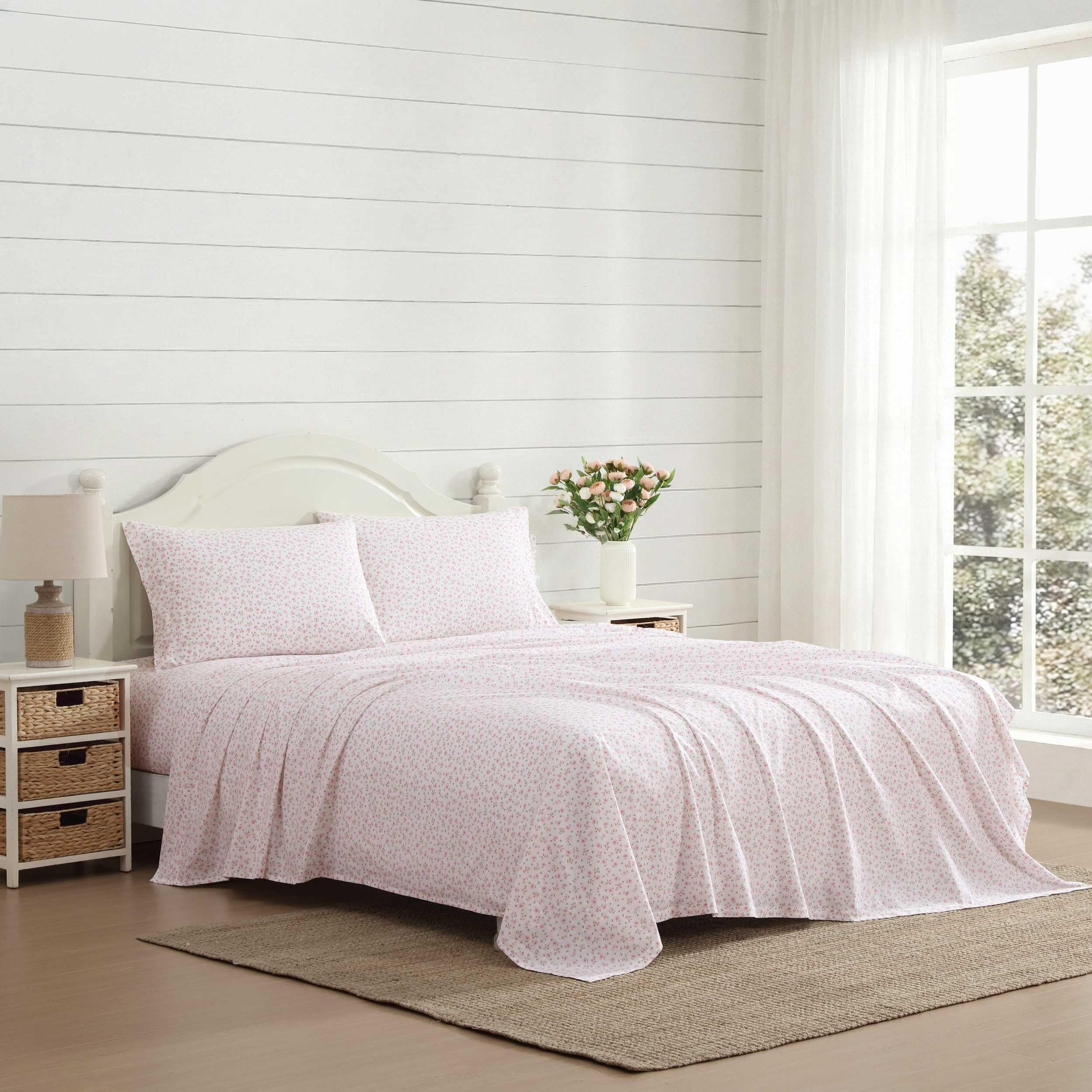 Laura Ashley - Queen Sheets, Cotton Percale Bedding Set, Lightweight & Breathable Home Decor (Evie Pink, Queen)
