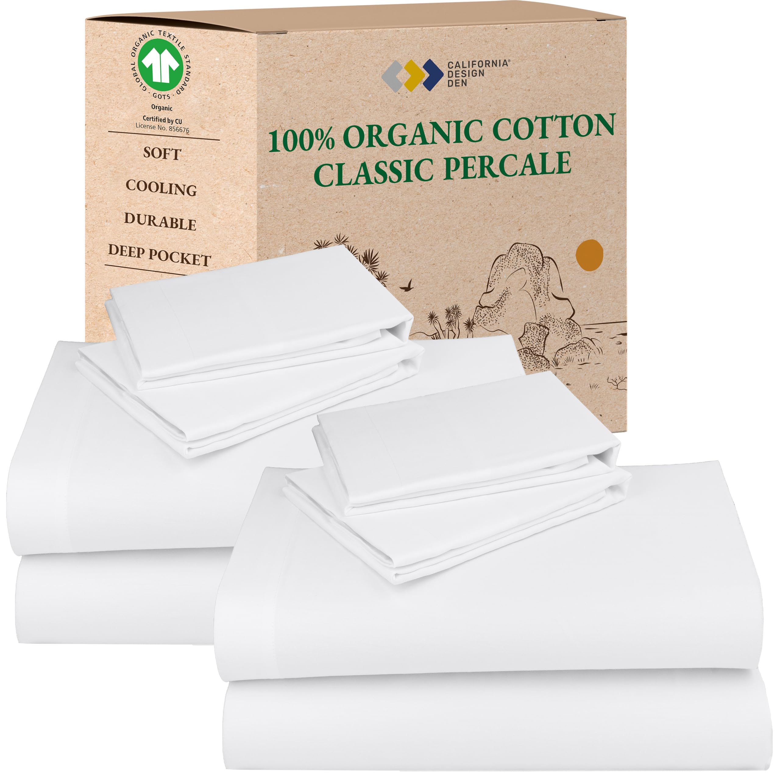 California Design Den Queen Sheet Set - Soft 100% Organic Cotton Sheets with Deep Pockets, Crisp Percale, Breathable and Durable Bedding Set - White