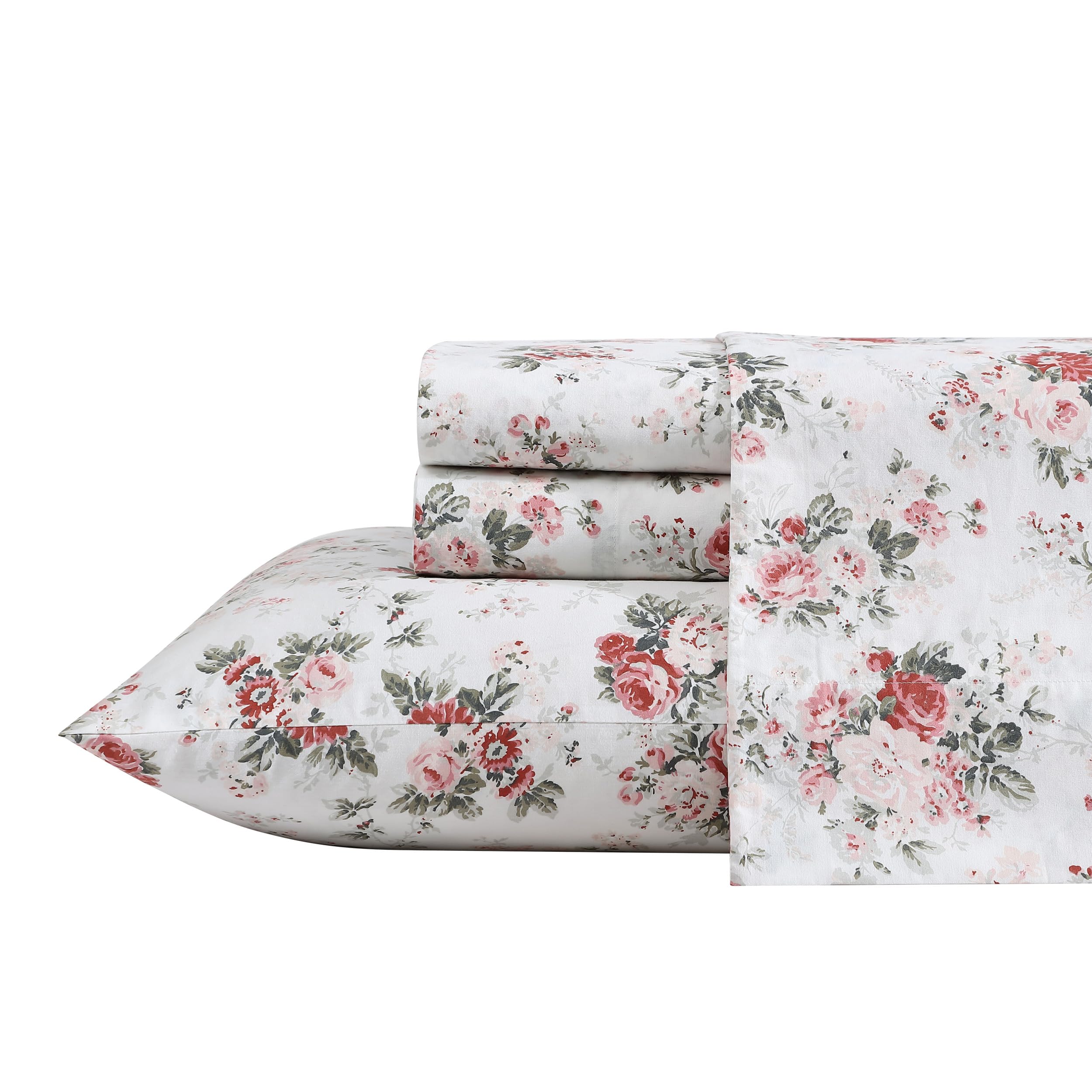 Laura Ashley - Queen Sheets, Cotton Percale Bedding Set, Lightweight & Breathable Home Decor (Evie Pink, Queen)