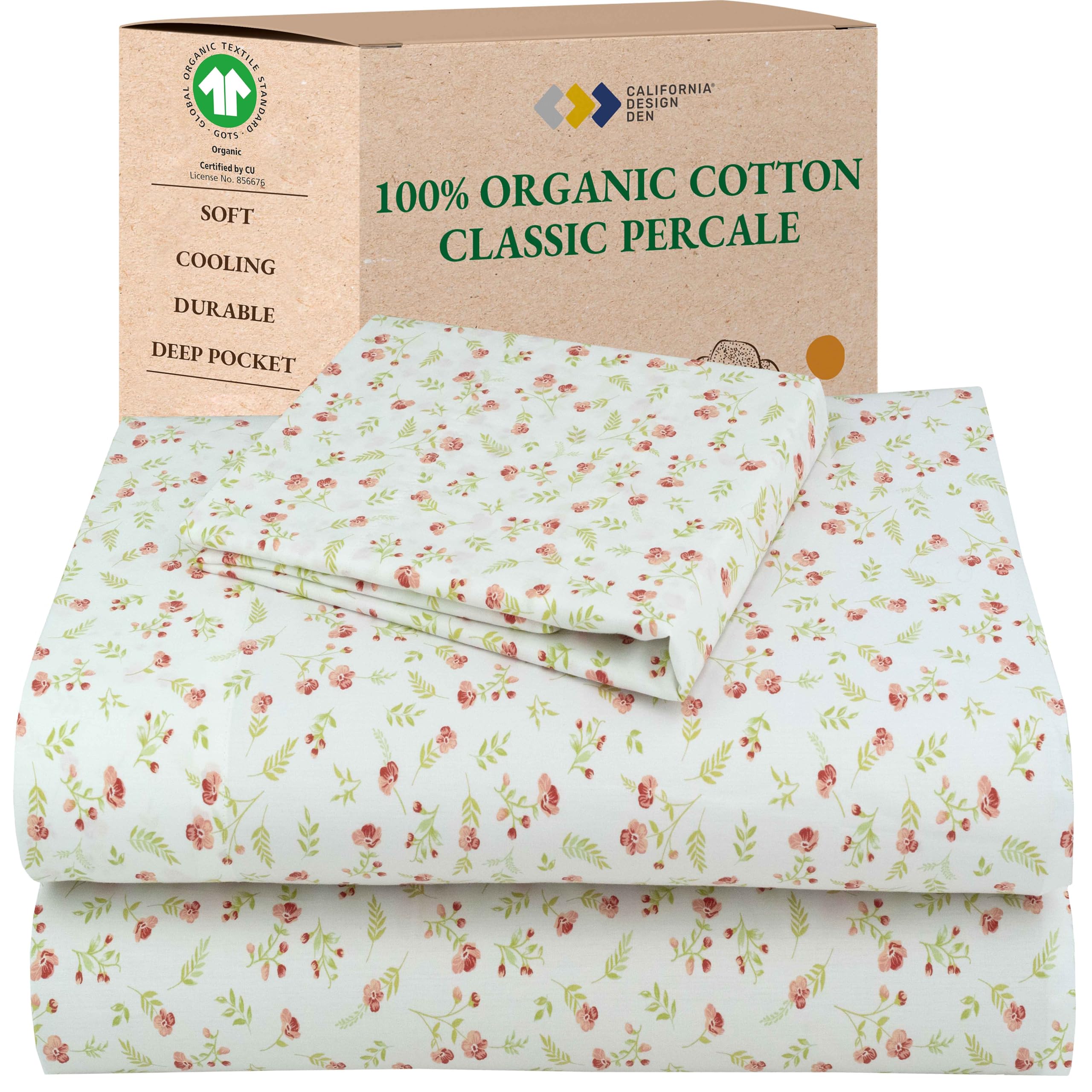 California Design Den Queen Sheet Set - Soft 100% Organic Cotton Sheets with Deep Pockets, Crisp Percale, Breathable and Durable Bedding Set - White