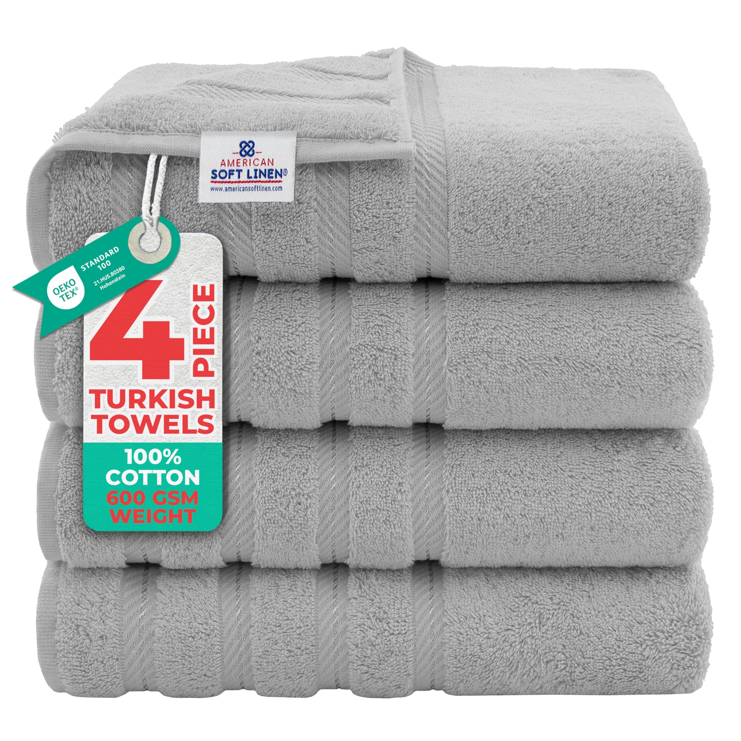 American Soft Linen Luxury 6 Piece Towel Set, 2 Bath Towels 2 Hand Towel 2 Washcloths, 600 GSM 100% Cotton Turkish Towels for Bathroom, Silver Grey Towel Sets