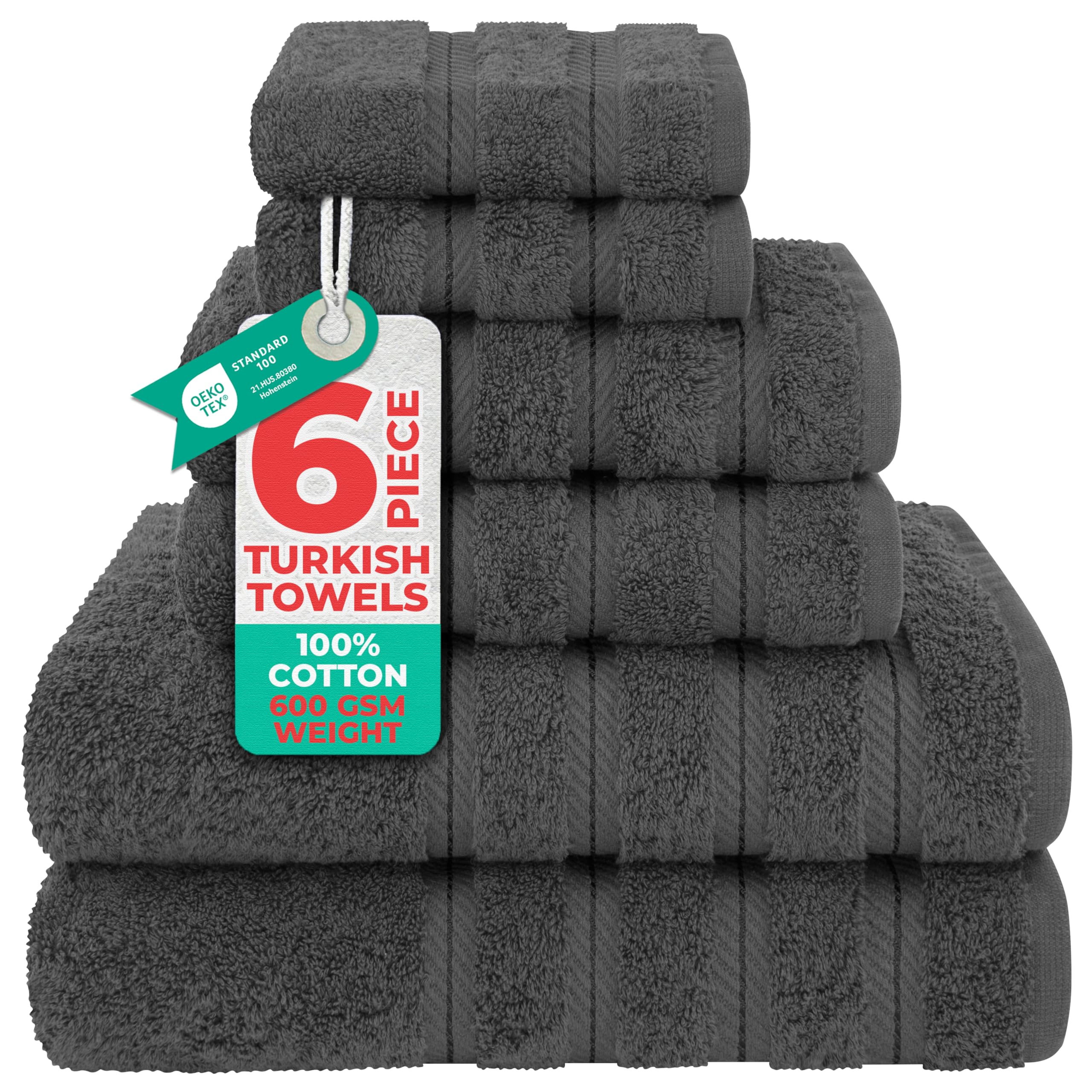 American Soft Linen Luxury 6 Piece Towel Set, 2 Bath Towels 2 Hand Towel 2 Washcloths, 600 GSM 100% Cotton Turkish Towels for Bathroom, Silver Grey Towel Sets