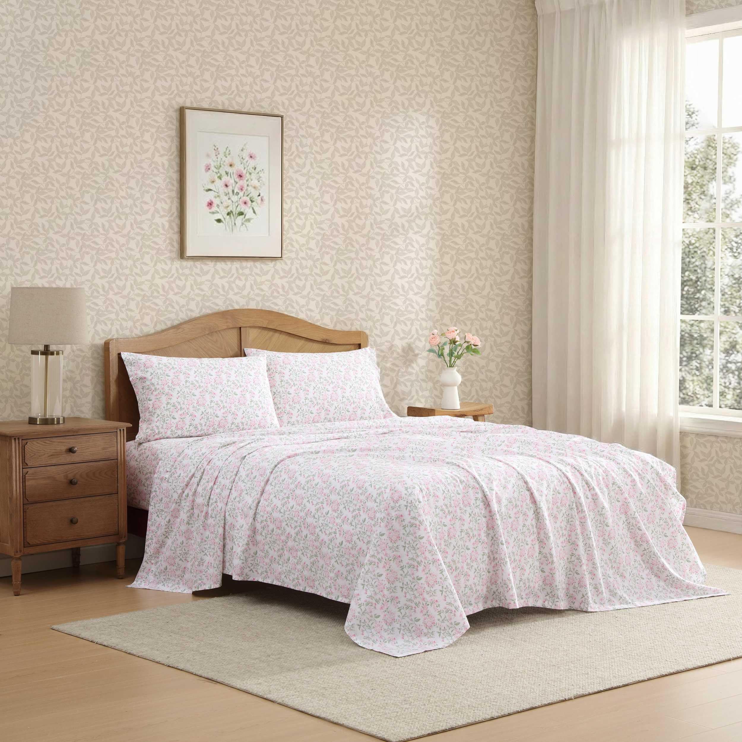 Laura Ashley - Queen Sheets, Cotton Percale Bedding Set, Lightweight & Breathable Home Decor (Evie Pink, Queen)