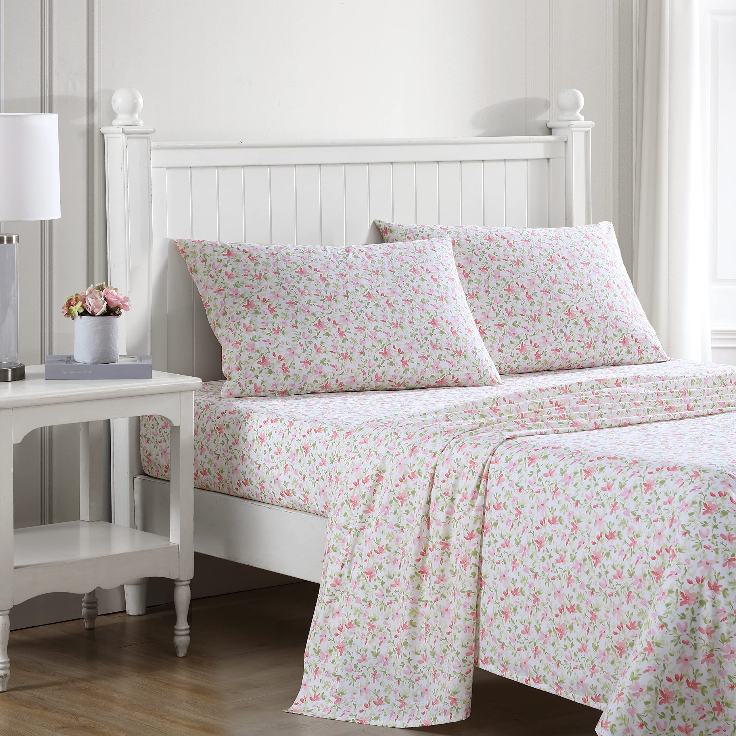 Laura Ashley - Queen Sheets, Cotton Percale Bedding Set, Lightweight & Breathable Home Decor (Evie Pink, Queen)
