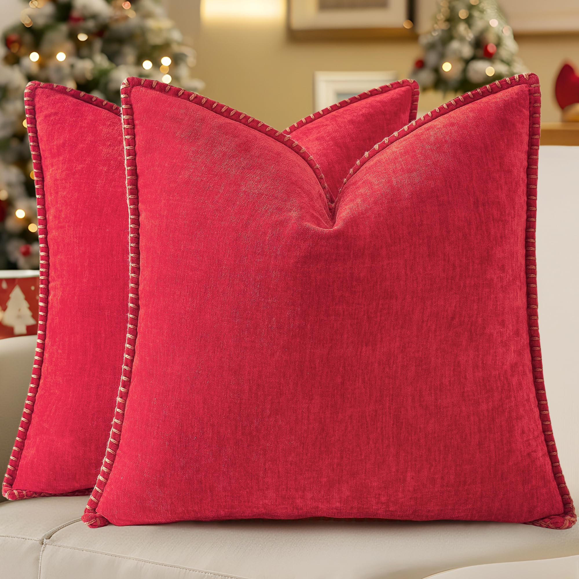 decorUhome Chenille Soft Cozy Throw Pillow Covers 18x18 Set of 2, Modern Farmhouse Boho Velvet Decorative Pillow Cases with Stitched Edge for Couch Sofa Bed Home Decor, Forest Green