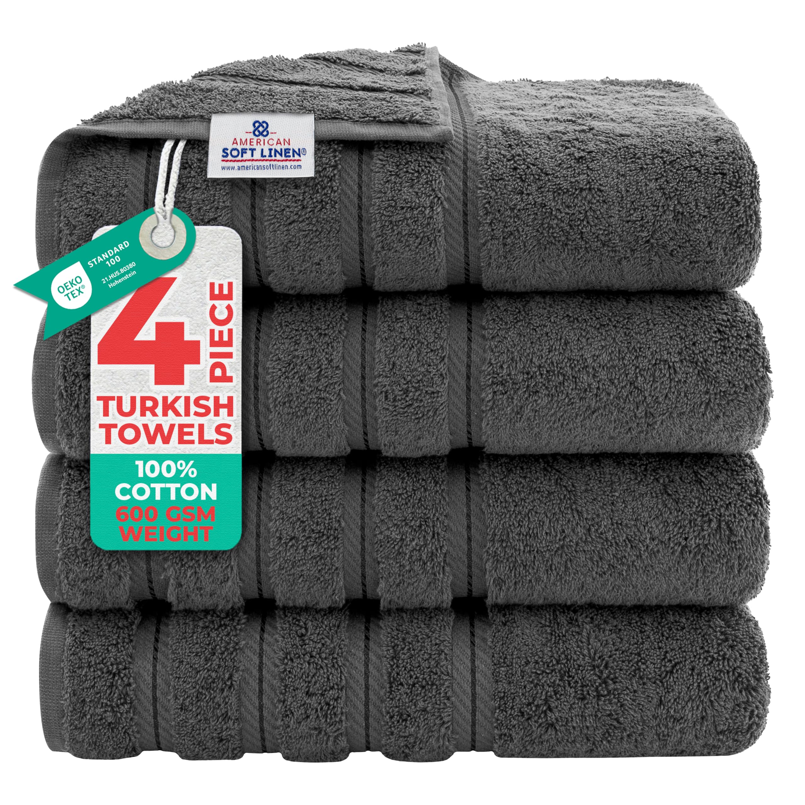 American Soft Linen Luxury 6 Piece Towel Set, 2 Bath Towels 2 Hand Towel 2 Washcloths, 600 GSM 100% Cotton Turkish Towels for Bathroom, Silver Grey Towel Sets