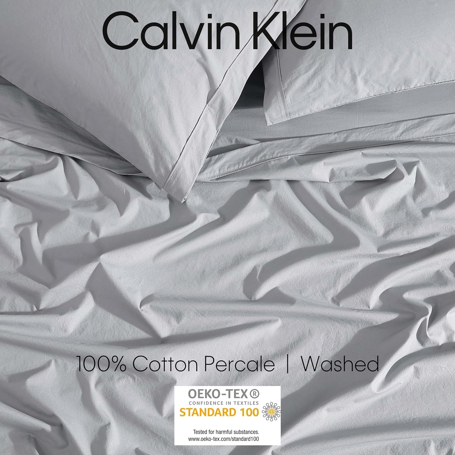 Calvin Klein - Queen Bed Sheets, Relaxed Garment Washed Cotton Percale Bedding Set with Matching Pillowcases, Deep Pockets, Oeko-TEX Certified (Washed Percale Steel Blue, Queen)