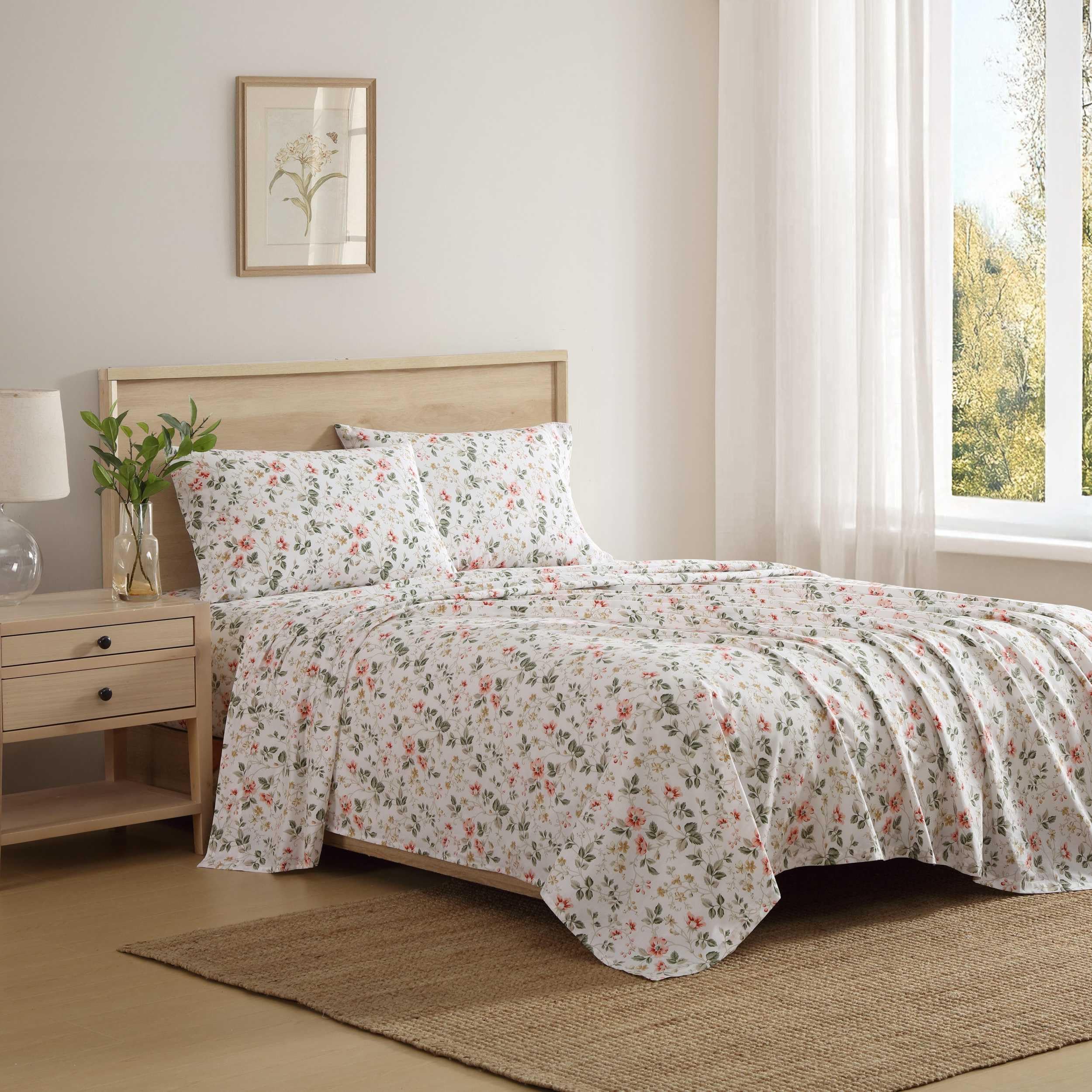 Laura Ashley - Queen Sheets, Cotton Percale Bedding Set, Lightweight & Breathable Home Decor (Evie Pink, Queen)
