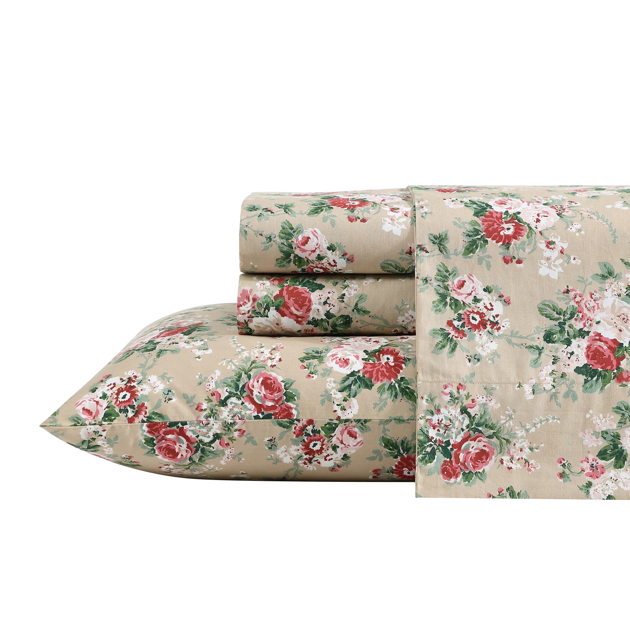 Laura Ashley - Queen Sheets, Cotton Percale Bedding Set, Lightweight & Breathable Home Decor (Evie Pink, Queen)