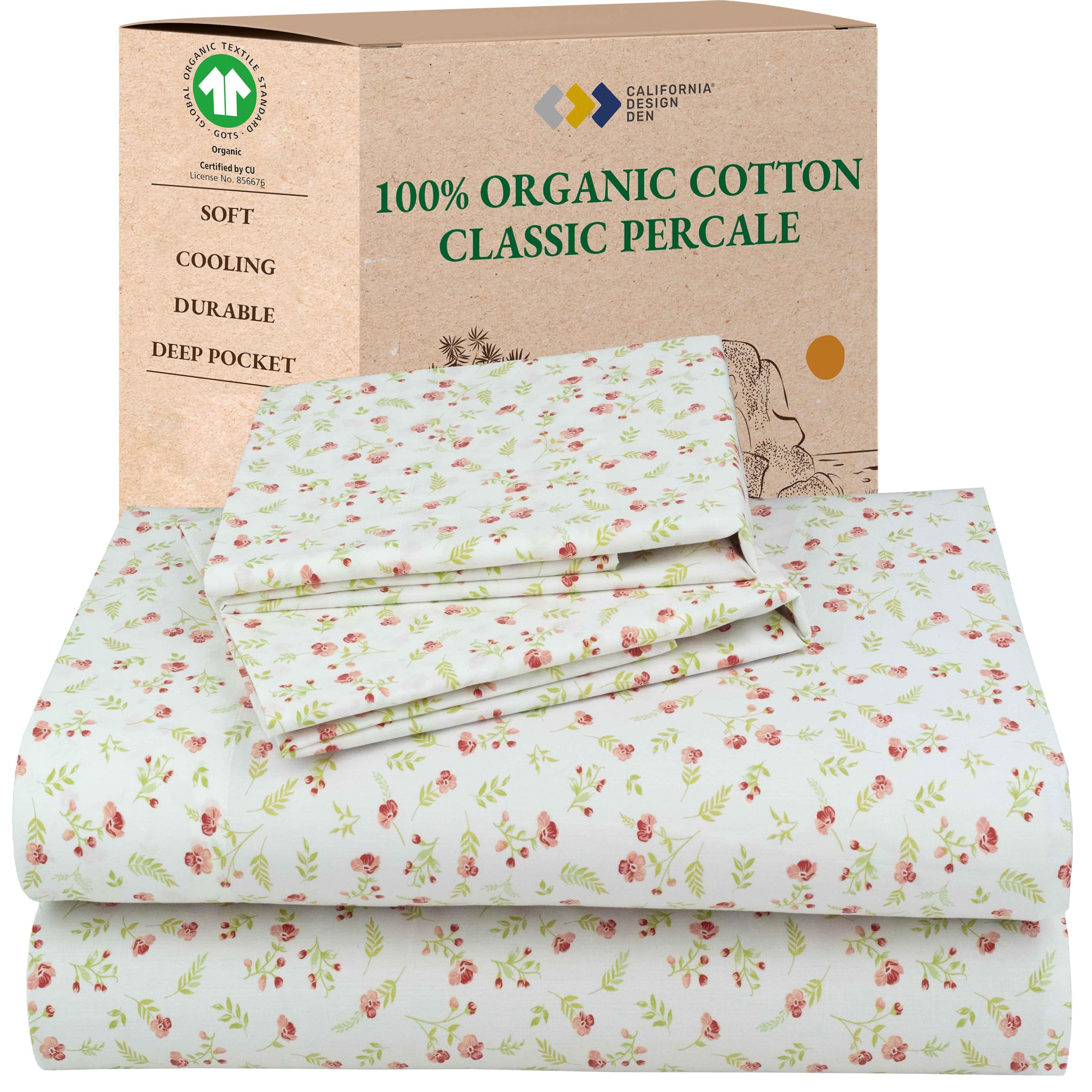 California Design Den Queen Sheet Set - Soft 100% Organic Cotton Sheets with Deep Pockets, Crisp Percale, Breathable and Durable Bedding Set - White