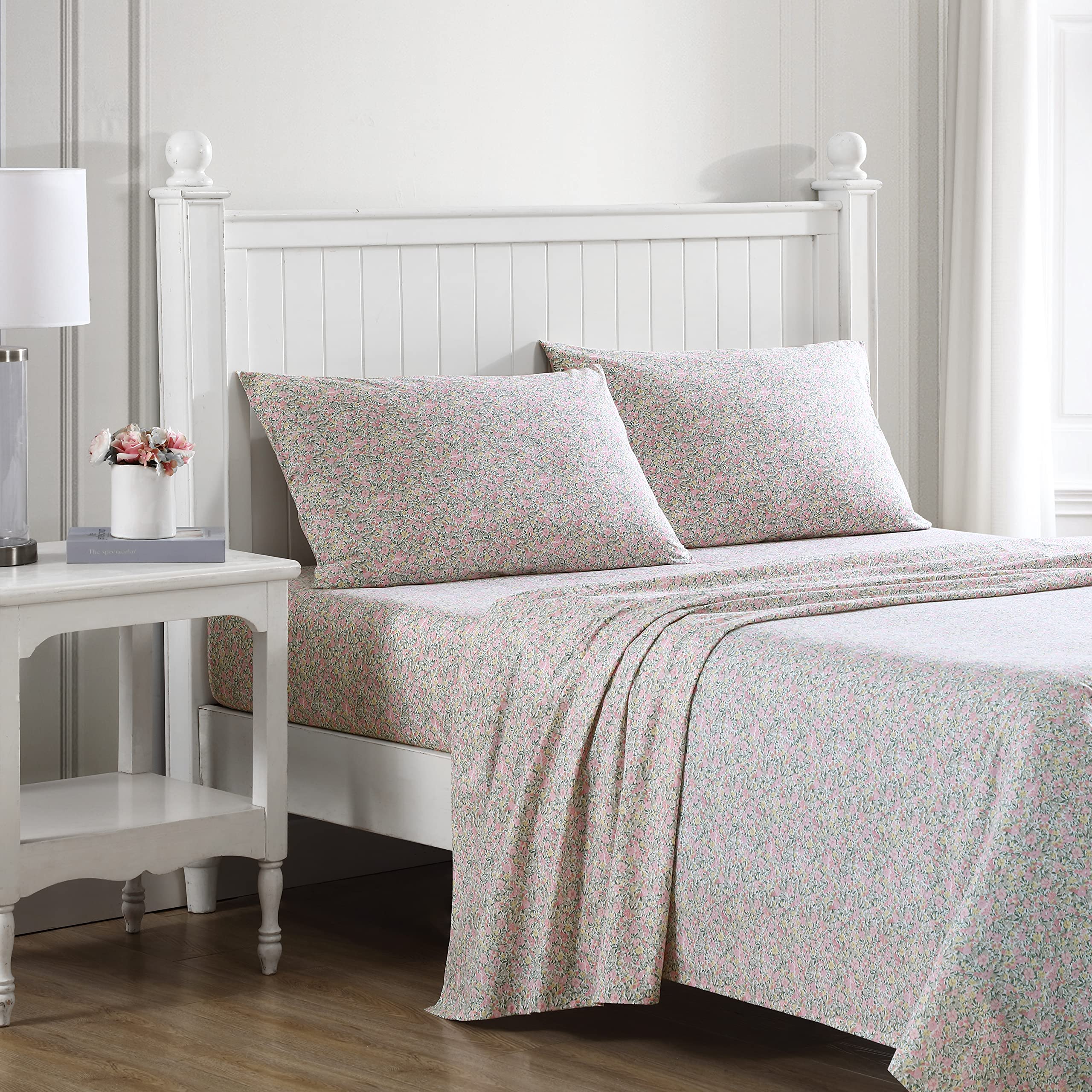Laura Ashley - Queen Sheets, Cotton Percale Bedding Set, Lightweight & Breathable Home Decor (Evie Pink, Queen)