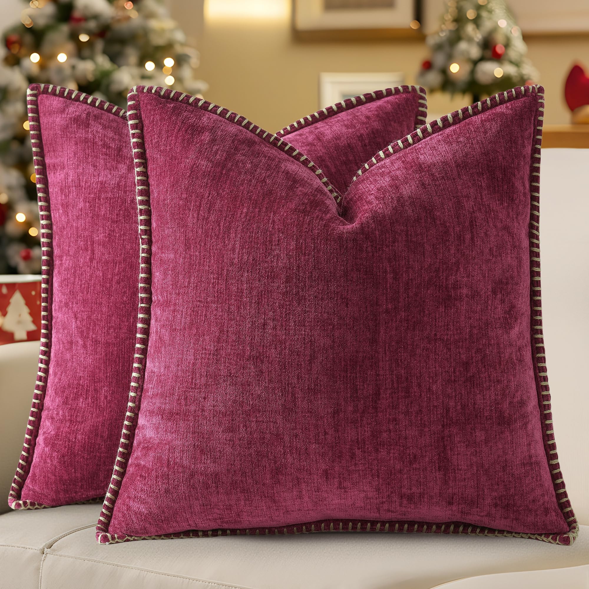 decorUhome Chenille Soft Cozy Throw Pillow Covers 18x18 Set of 2, Modern Farmhouse Boho Velvet Decorative Pillow Cases with Stitched Edge for Couch Sofa Bed Home Decor, Forest Green