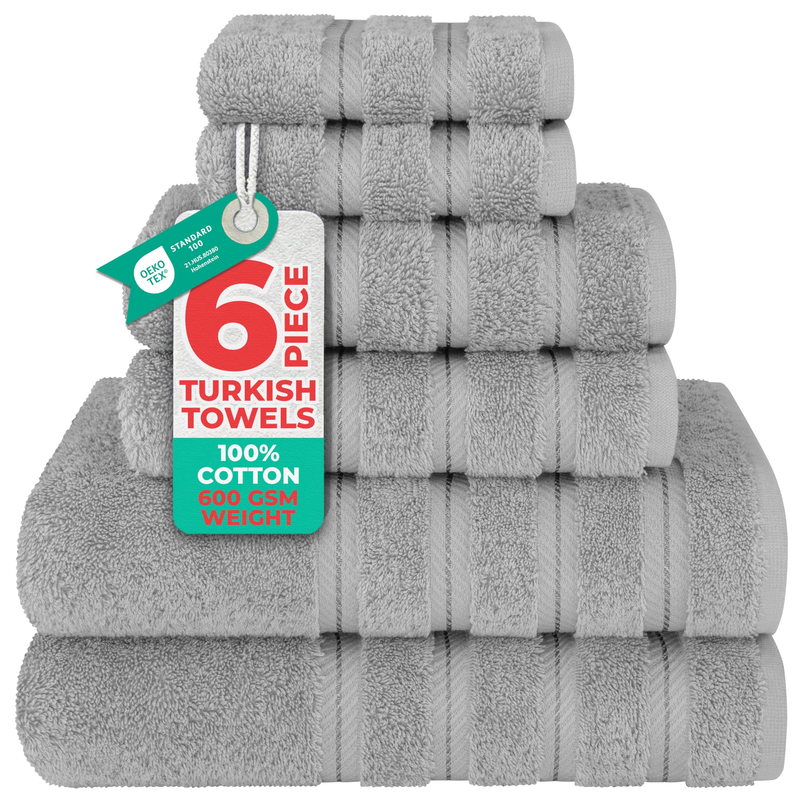 American Soft Linen Luxury 6 Piece Towel Set, 2 Bath Towels 2 Hand Towel 2 Washcloths, 600 GSM 100% Cotton Turkish Towels for Bathroom, Silver Grey Towel Sets